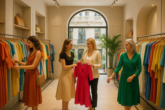 Μια φωτογραφία που απεικονίζει το εσωτερικό μιας σύγχρονης μπουτίκ στην Αθήνα, με πελάτες να ψωνίζουν και το προσωπικό να προσφέρει εξατομικευμένη εξυπηρέτηση.