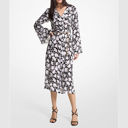 Michael Kors Floral Wrap Midi Dress Black, Women