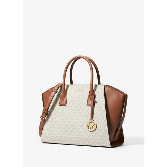 Michael Kors Avril Large Signature Logo Satchel Vanilla Brown, Women