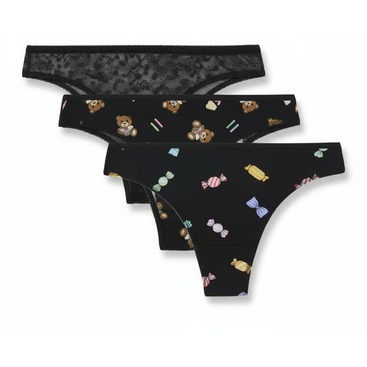 Moschino Black Printed Thong 3-Pack, Women