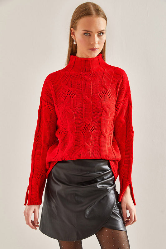 Bianco Lucci Women's Half Turtleneck Hair Knitted Patterned Knitwear Sweater Red Women