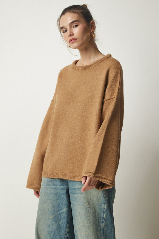 Happiness İstanbul Women's Biscuit Oversize Basic Knitwear Sweater Women