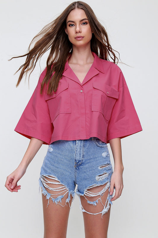 Trend Alaçatı Stili Women's Fuchsia Envelope Pocket Crop Poplin Shirt ALC Women