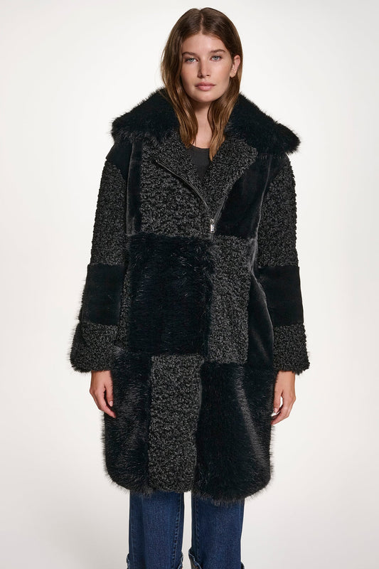 DKNY Long Sleeve Patch Mix Faux Fur Jacket Black (P5HJ7CLBBLK) Women