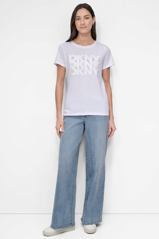 DKNY Flocking Rhinestone Logo Tee White/Silver (DJ5T1437WTL) Women