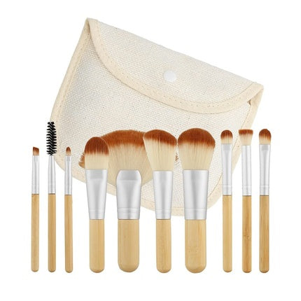 Mimo Set Travel Size Bamboo Makeup Brushes With Cotton Case 10 Pieces Brown
