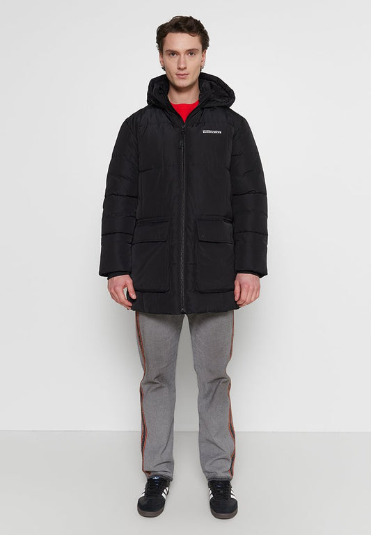 long puffer parka with hood, patch pockets, zipper Men