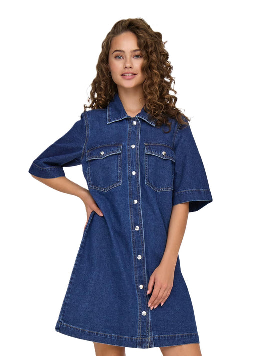 ONLY Dress Women's JEANSOWA Zip ONLBELLE S/S BUTTON DRESS DNM GUA NOOS DARK BLUE DENIM (9887) Women