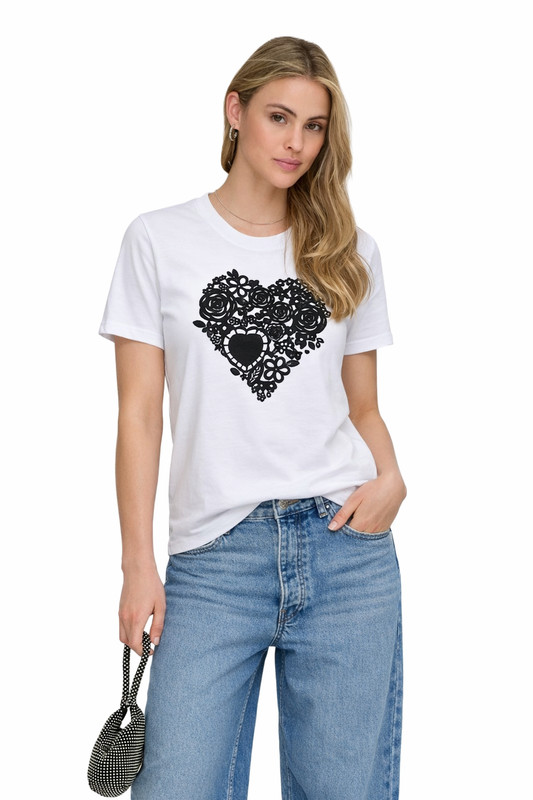 ONLY T-SHIRT T-shirt Women's ONLNINA HEART S/S TEE JRS WHITE/BLACK FLOC (9655) Women